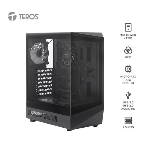 Case Gamer TEROS TE-1321G Mid Tower ATX (vidrio templado, 3 ventiladores RGB, USB-C, negro)