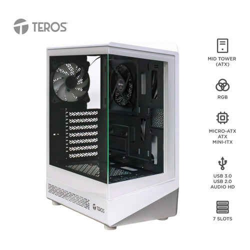 Case Gamer TEROS TE-1322G Mid Tower ATX (vidrio templado, 3 ventiladores RGB, USB-C, blanco)