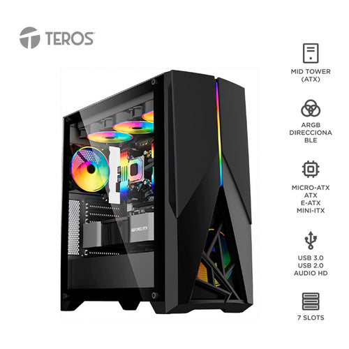 Case Gamer TEROS TE-1174N Mid Tower E-ATX (vidrio templado, 4 ventiladores ARGB, negro)