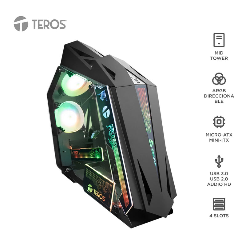 Case Gamer TEROS TE-1314G Mid Tower (vidrio templado, 4 ventiladores ARGB, negro)