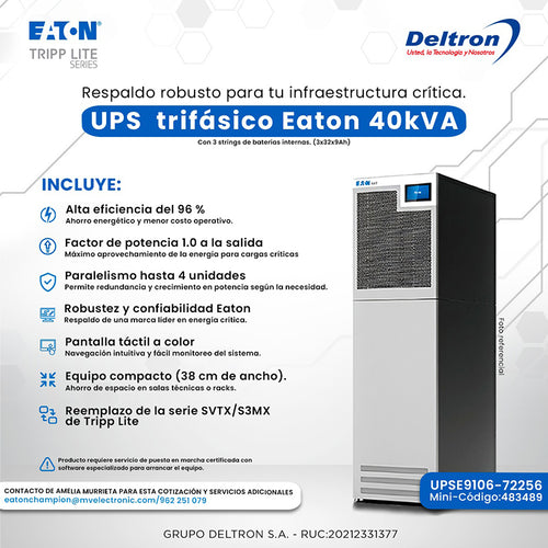 UPS Trifásico Eaton 93T 40kVA/PF1 con Baterías Internas (96% Eficiencia, Touchscreen)