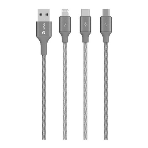 Cable de Carga 3 en 1 Teros TE-70210W USB-A a USB-C/Lightning/Micro USB Gris