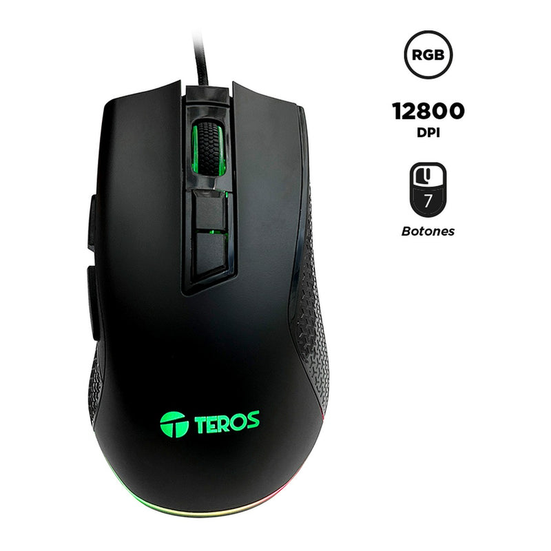 Mouse Gamer Teros TE-1211G RGB 7 Botones (12800 DPI, USB, Negro)