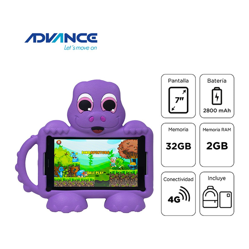 Tablet Advance Intro TR8990 7" (Android 14 Go, 4G LTE, 2GB/32GB, + Mochila, Morado)