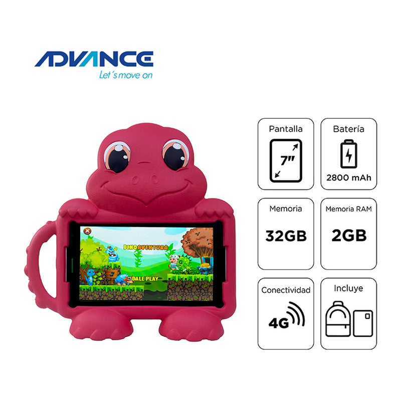 Tablet Advance Intro TR8990 7" (Android 14 Go, 4G LTE, 2GB/32GB, + Mochila, Rojo)