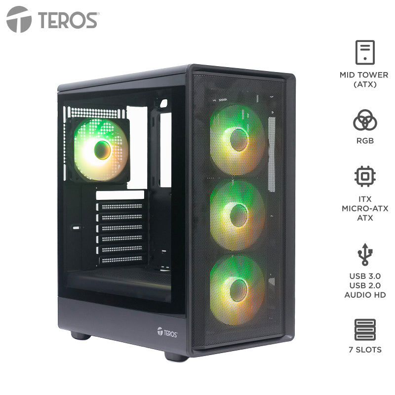 Case Gamer Teros TE-1323G ATX sin Fuente (Vidrio Templado, USB-C) Negro