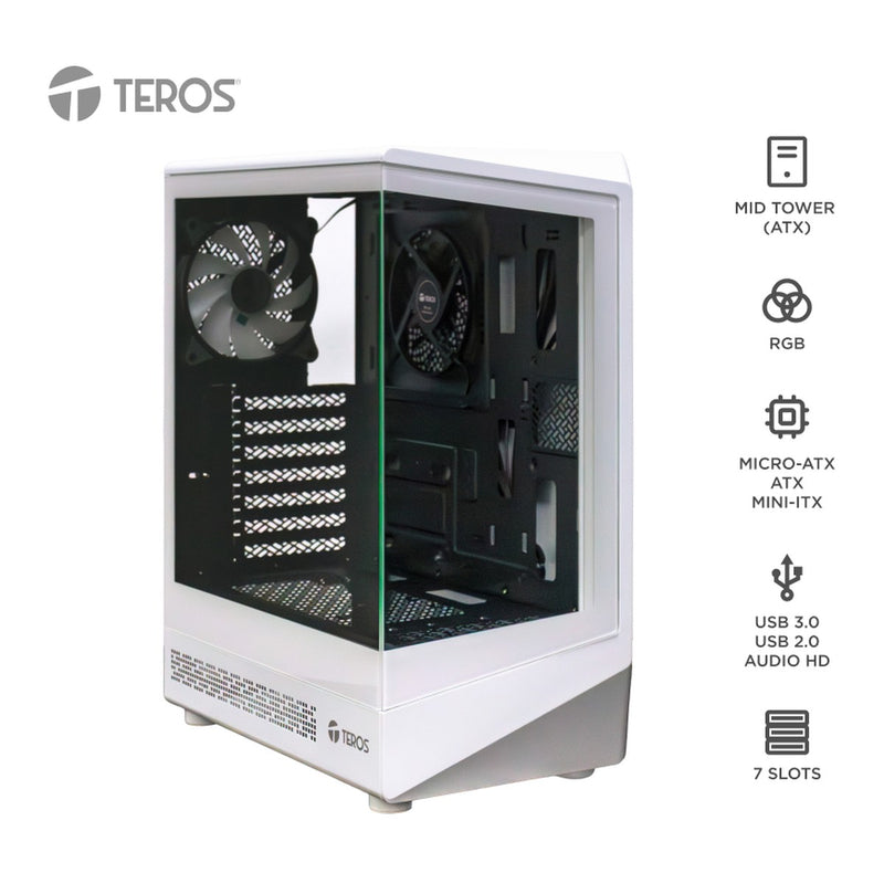 Case Gamer TEROS TE-1322G Mid Tower ATX (vidrio templado, 3 ventiladores RGB, USB-C, blanco)