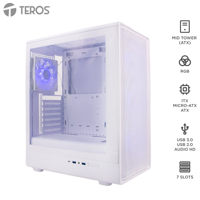 Case Gamer Teros TE-1329G ATX sin Fuente (Vidrio Templado, USB-C) Blanco