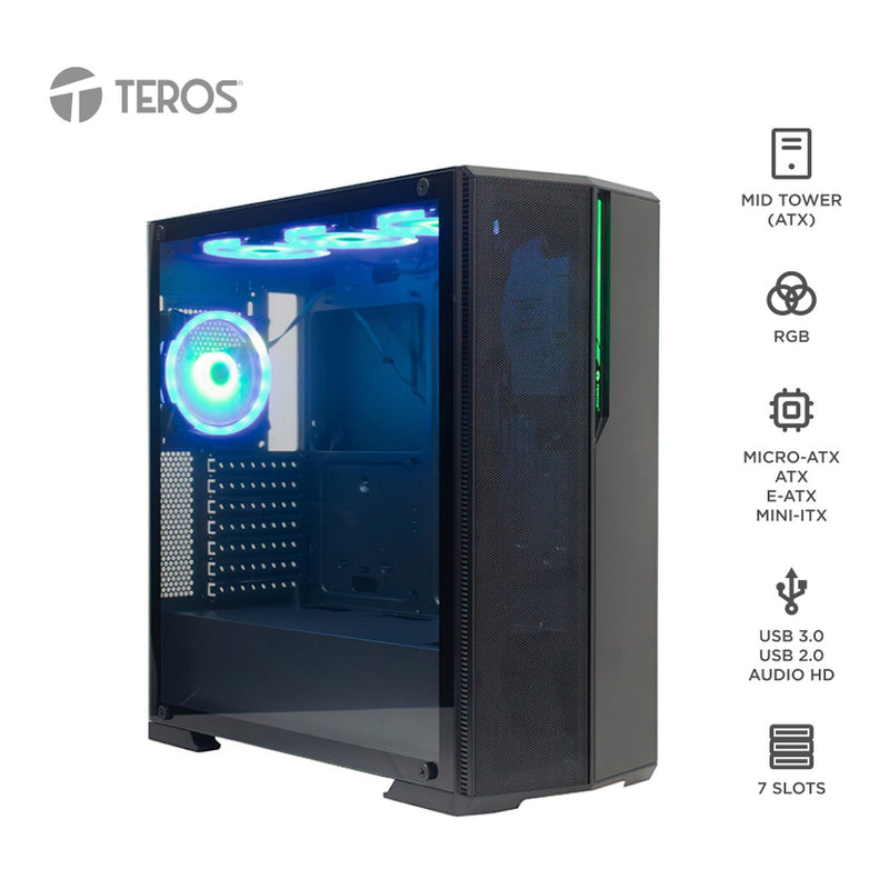 Case Gamer Teros TE-1175N Mid Tower ARGB sin Fuente (Vidrio, Control Remoto) Negro