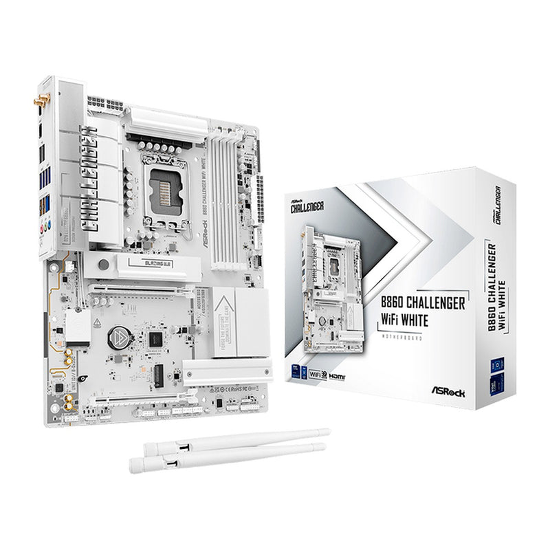 Placa Madre ASRock B860 Challenger WiFi White (Intel B860, LGA1851, DDR5, ATX, blanca)