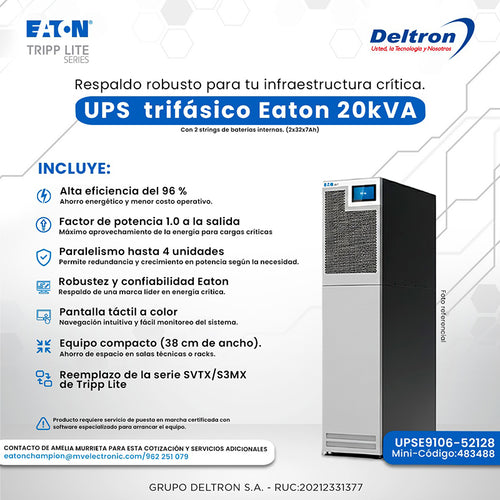 UPS Trifásico Eaton 93T 20kVA/PF1 con Baterías Internas (96% Eficiencia, Touchscreen)