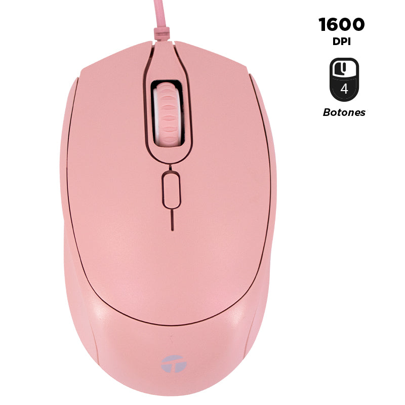 Mouse Óptico Teros TE-1226S 4 Botones (1600 DPI, USB, Rosado)