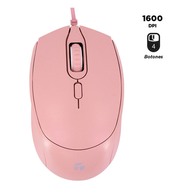 Mouse Óptico Teros TE-1226S 4 Botones (1600 DPI, USB, Rosado)