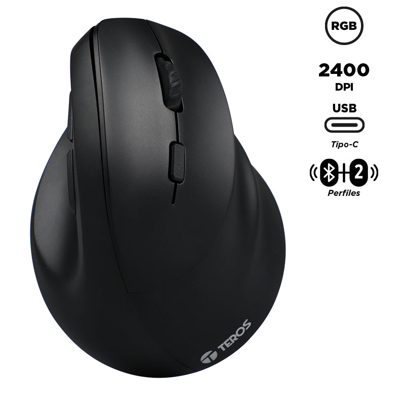 Mouse Vertical Inalámbrico Teros TE-5169N Ergonómico (2400 DPI, BT/2.4G, Negro)