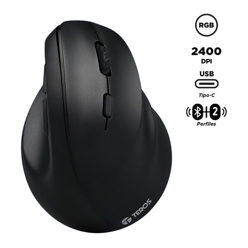 Mouse Vertical Inalámbrico Teros TE-5169N Ergonómico (2400 DPI, BT/2.4G, Negro)