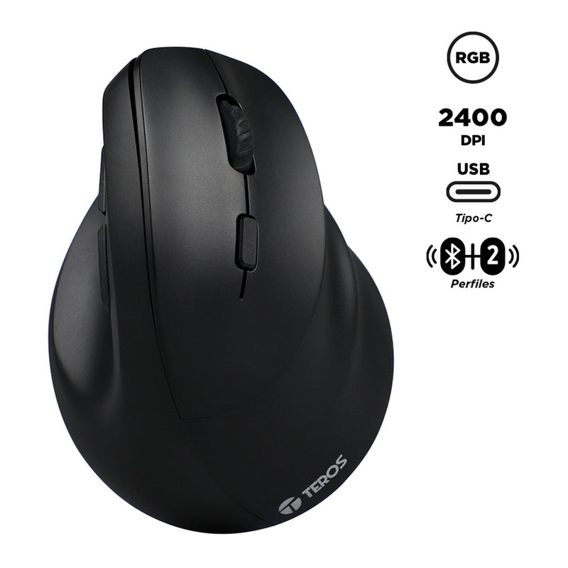 Mouse Vertical Inalámbrico Teros TE-5169N Ergonómico (2400 DPI, BT/2.4G, Negro)
